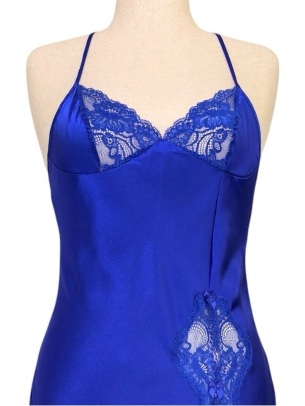 Shirley of Hollywood Maxi Satin Lace Side Slip Dress M Fairy, Romantic, Hot Blue - Picture 2 of 13